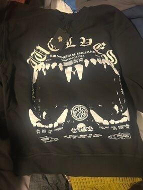 NWT Darc Sport Black Crewneck Sweater with White WOLVES FANGS Graphic